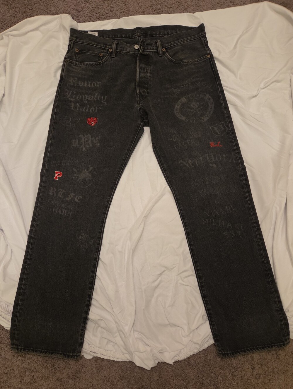 Polo by Ralph Lauren Black Straight-Leg Jeans with Red Embroidered Accents 34x32